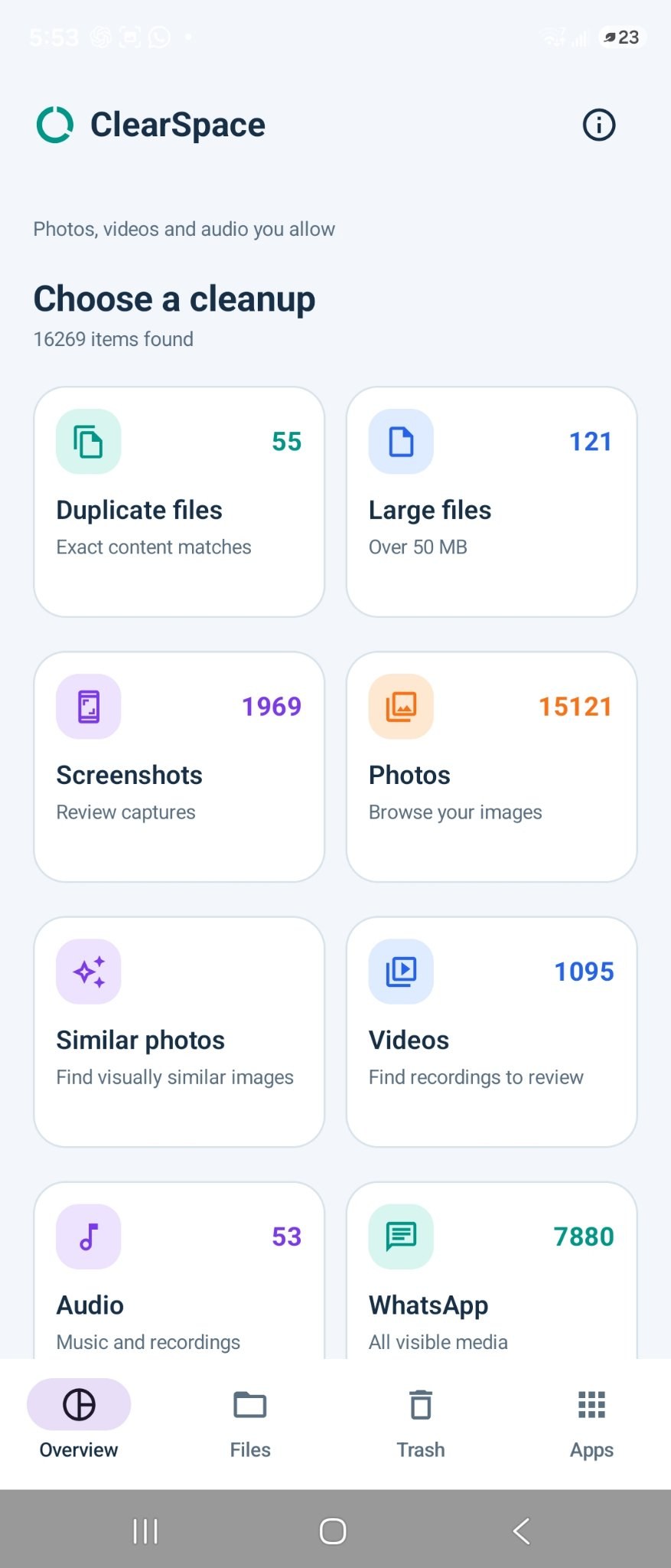 ClearSpace cleanup categories: duplicates, large files, screenshots, photos, similar photos, videos, audio and WhatsApp