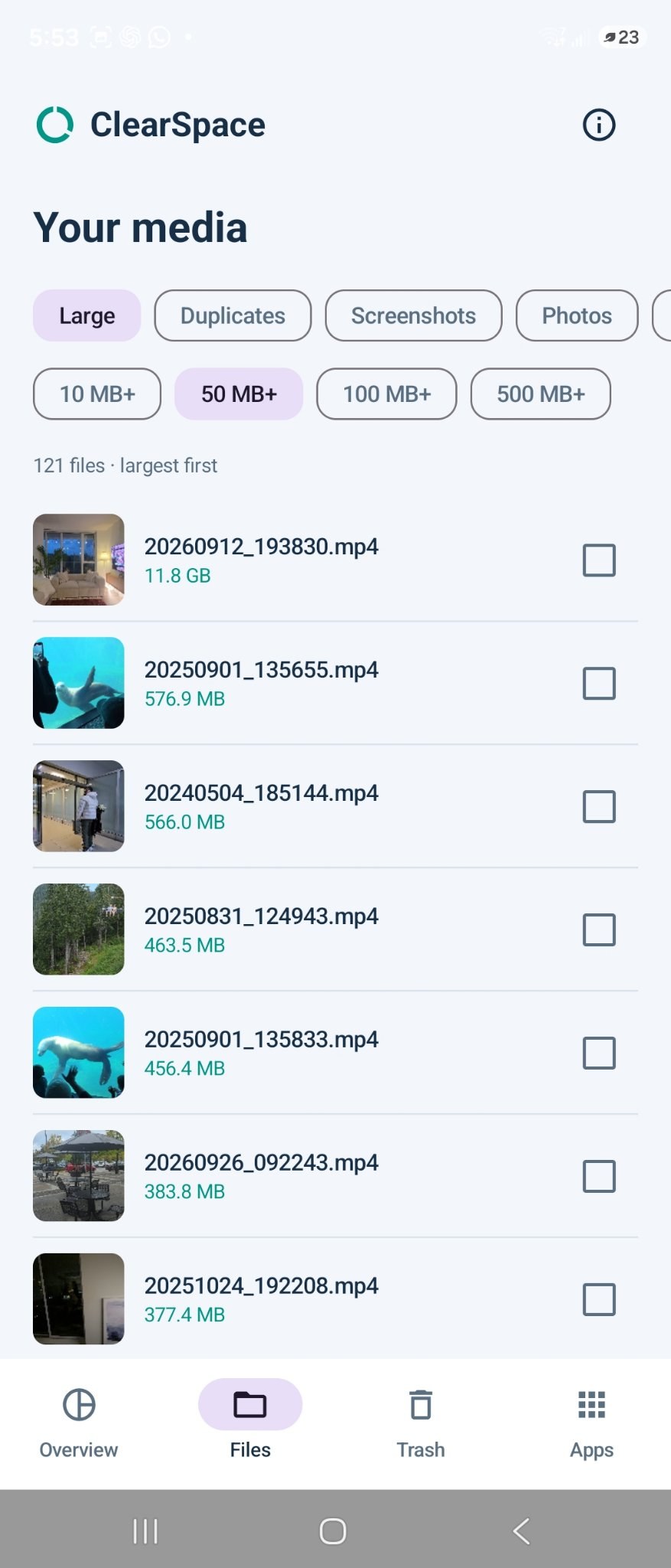 ClearSpace large files list, largest first, with checkboxes to select files