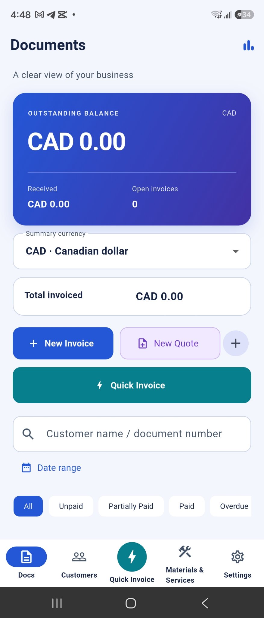 InvoicePop Documents screen