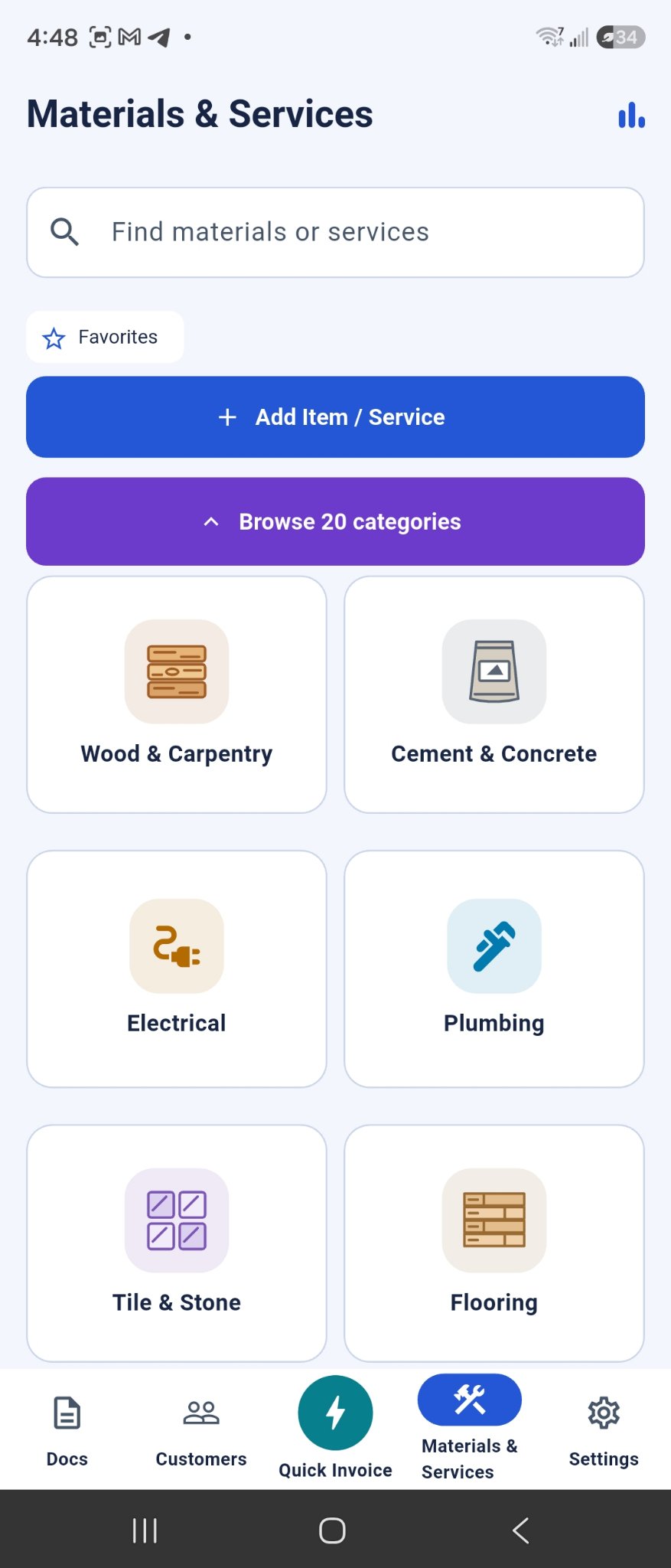 InvoicePop Materials and Services screen with trade categories
