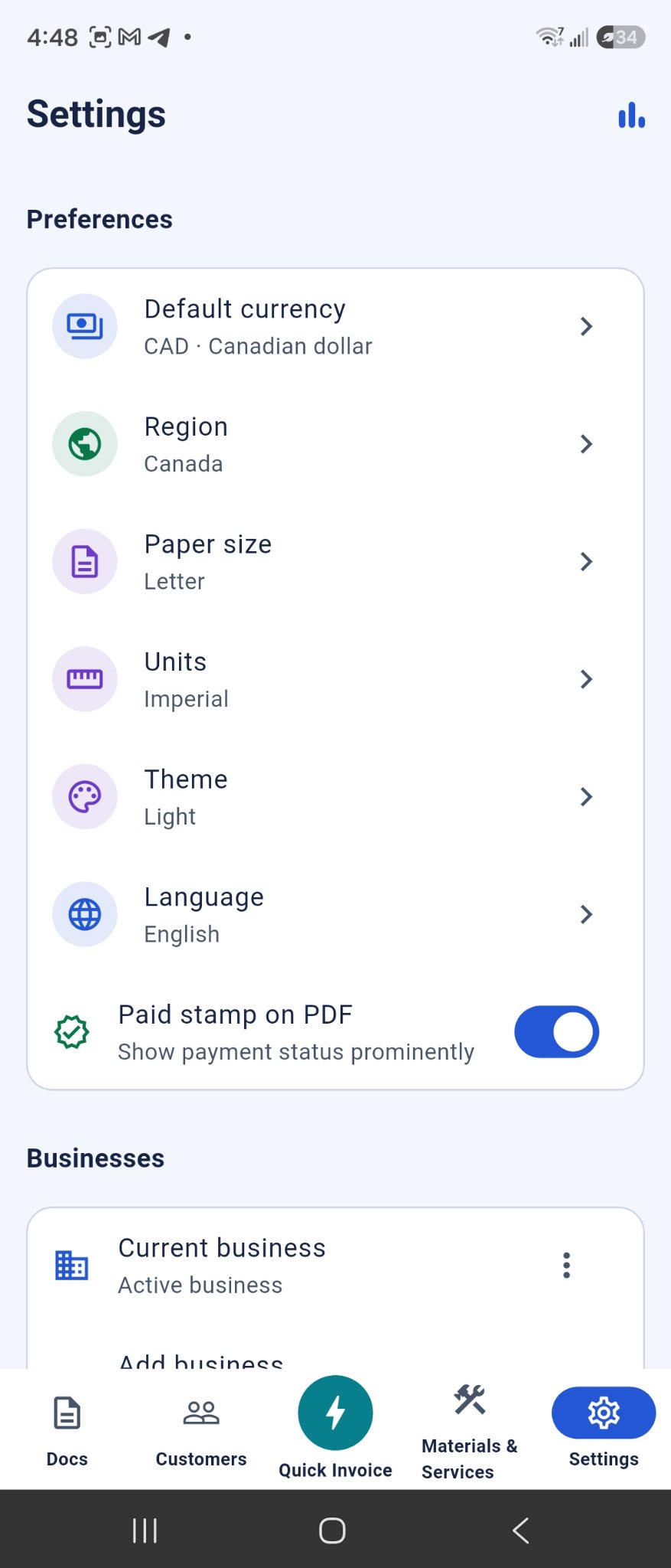 InvoicePop Settings screen with currency, region and business options